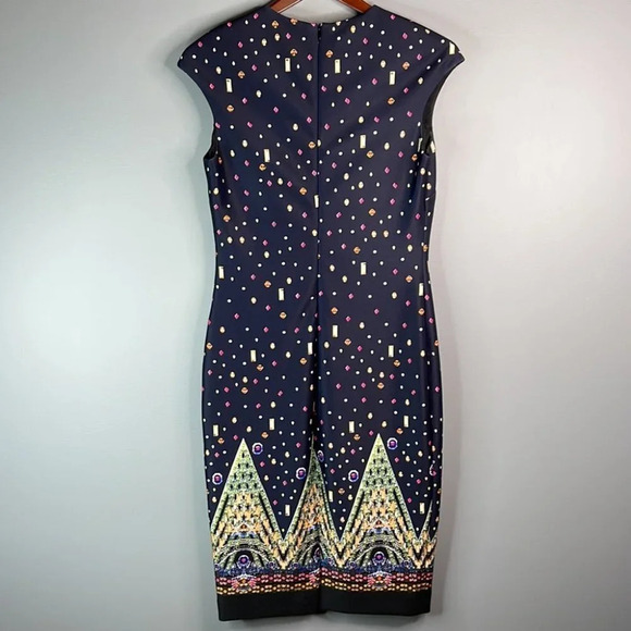 MARIO SERRANI Jewel Print Sleeveless Midi Dress Navy Blue Form Fitting Size 6 - Picture 8 of 11